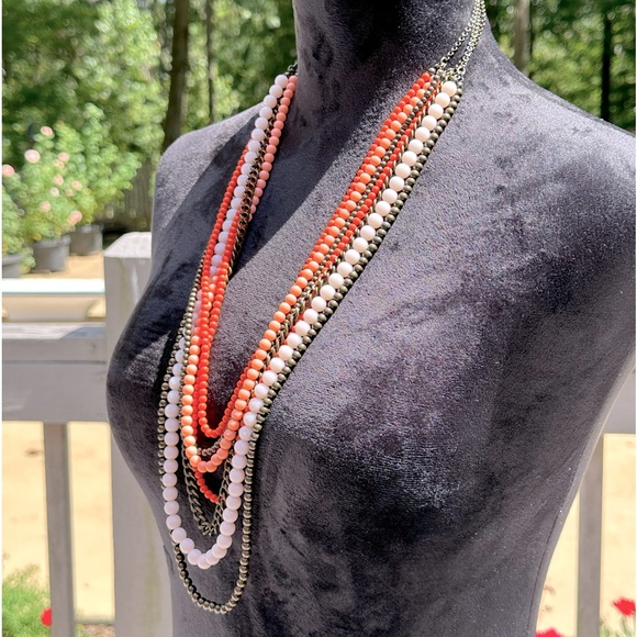 Multi-Strand Coral, Peach & Brown Antiqued Brass Necklace Premier Designs Papaya - Picture 3 of 8